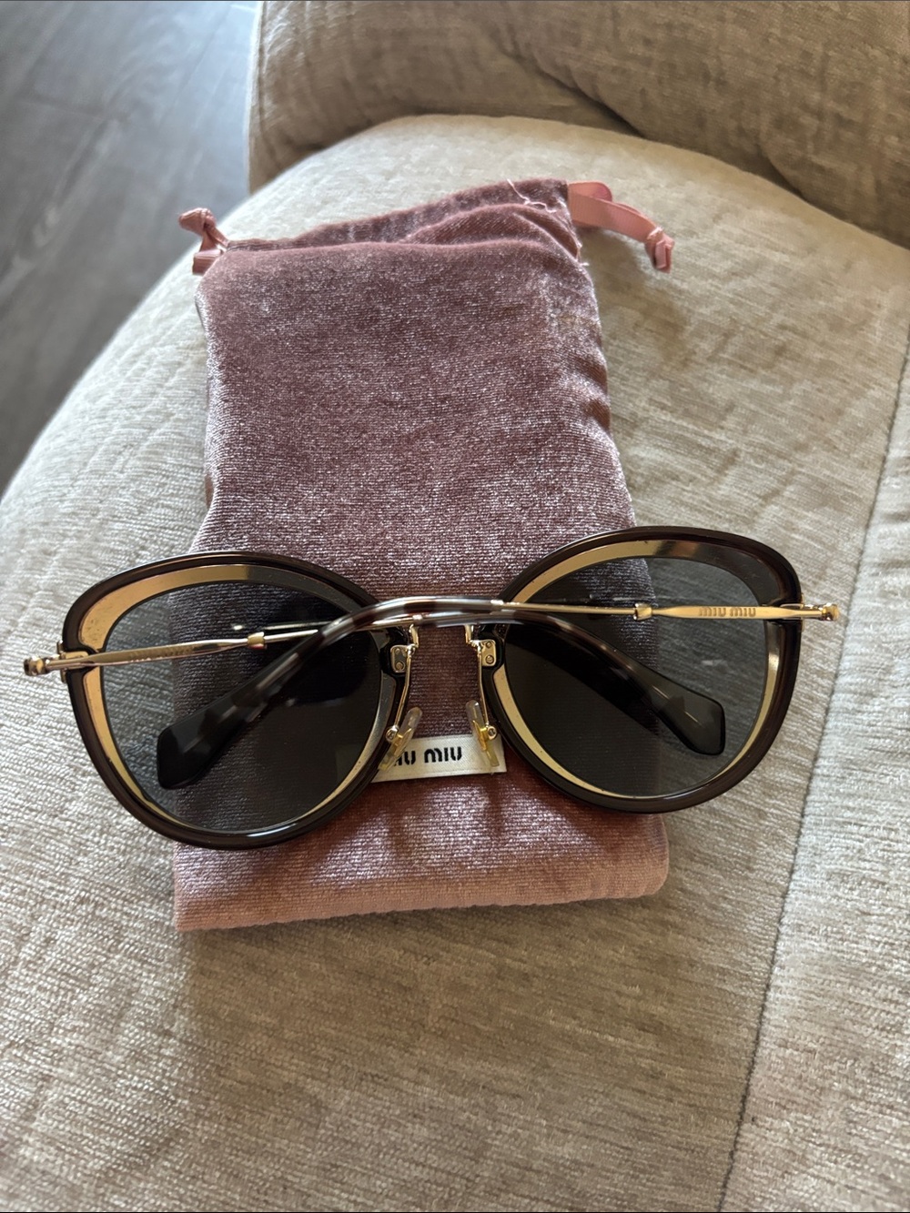 Miu Miu Round Tortoiseshell Frame Sunglasses with Dark Lenses - Picture 3 of 4